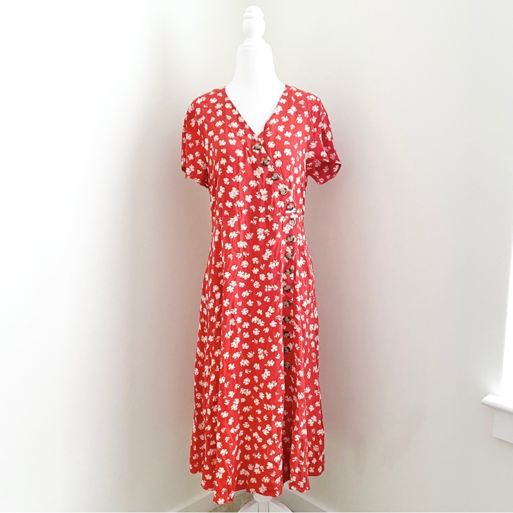 madewell - button-wrap midi dress short-sleeve flowy lightweight floral print